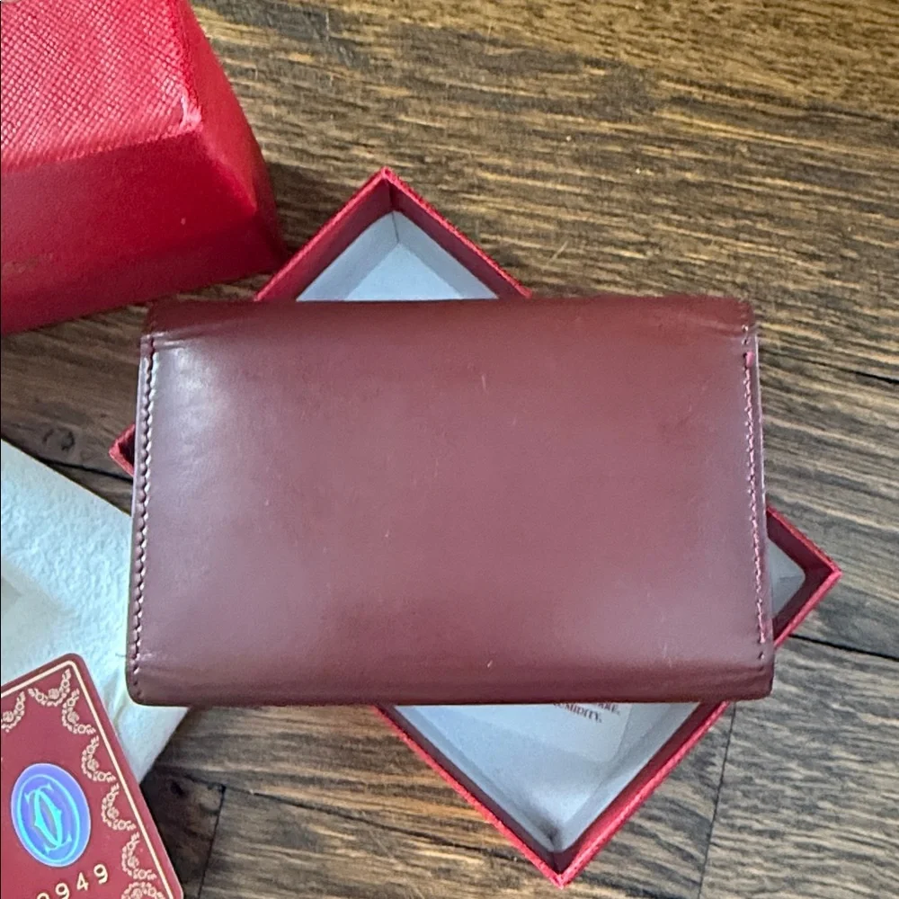 Cartier Burgundy Leather Key Card Holder with Gold plated corners w/ box